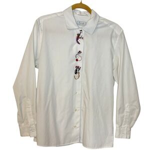Vintage Foxcroft White Embroidered Cat Button Down Shirt Long Sleeve Granny